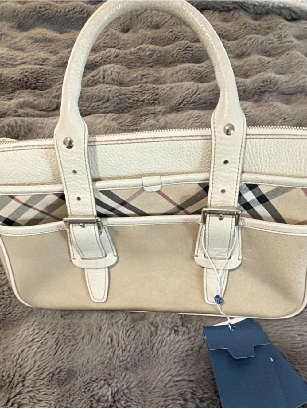 Burberry Cream and Beige Plaid Trim Shoulder Bag